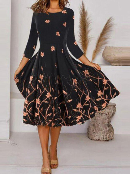 Fashion Print Crew Neck 3/4 Sleeve Dress