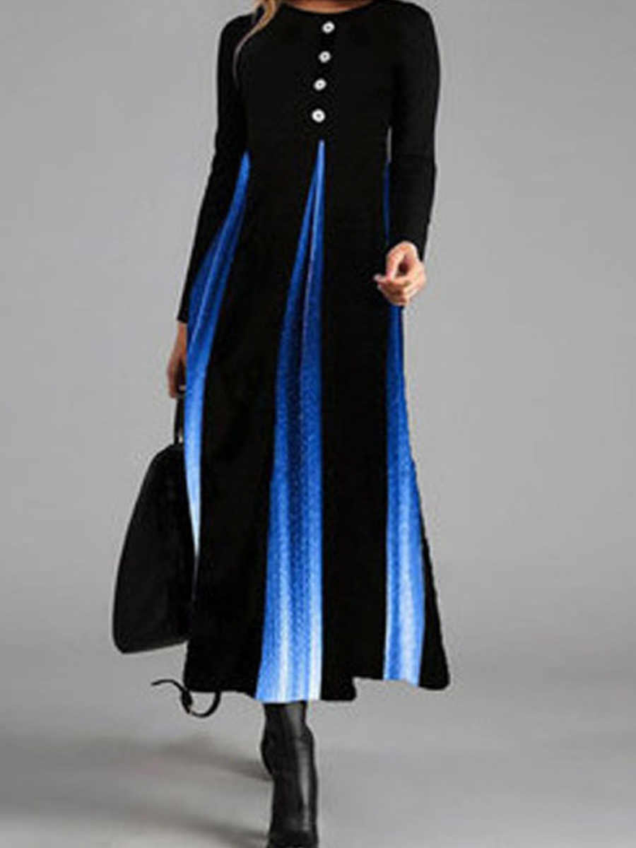 Printed gradient button round neck long sleeve dress