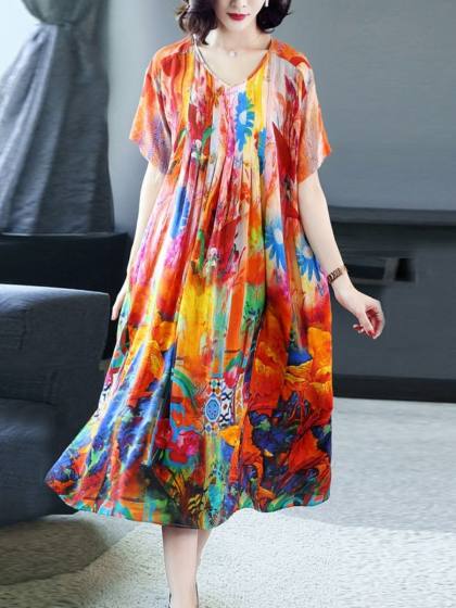 Women's Floral Bohemian Silk Dress With Loose Waist And One-piece Dress