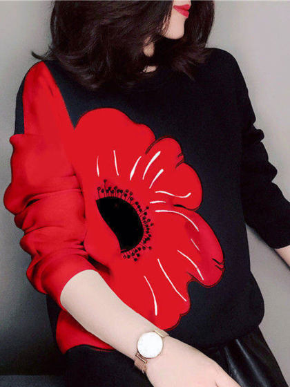 Round Neck Long Sleeve Color Block Printed Sweatshirt