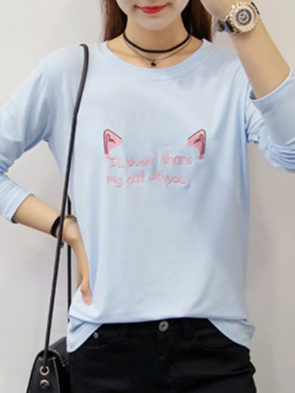 Round Neck Cat Embroidery Long Sleeve T-shirt