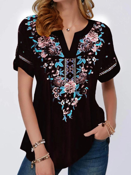Floral Print V-neck Short-sleeved T-shirt