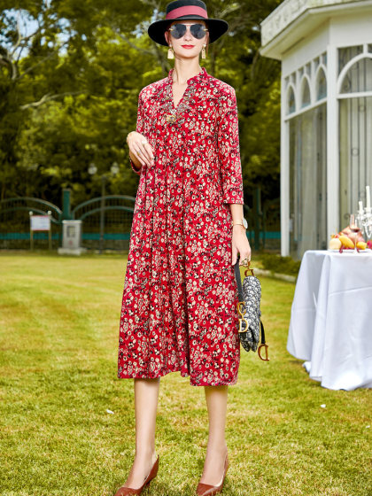 Ladies Fashion Style Printed Vacation Long Sleeve Dress