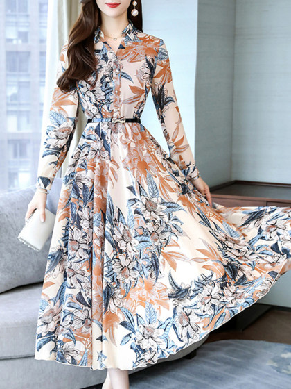 Long-sleeved Waist Retro Big Swing Chiffon Maxi Dress