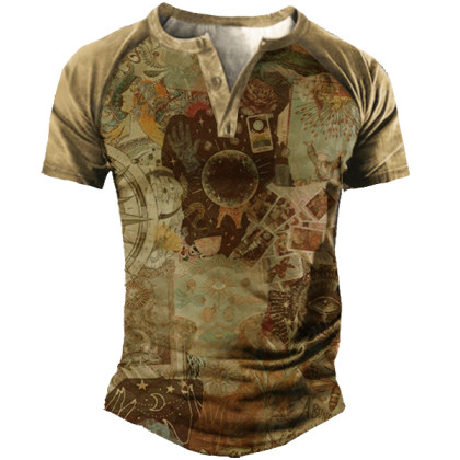 Men's Outdoor Vintage Stars Moon Print Henry Shirt