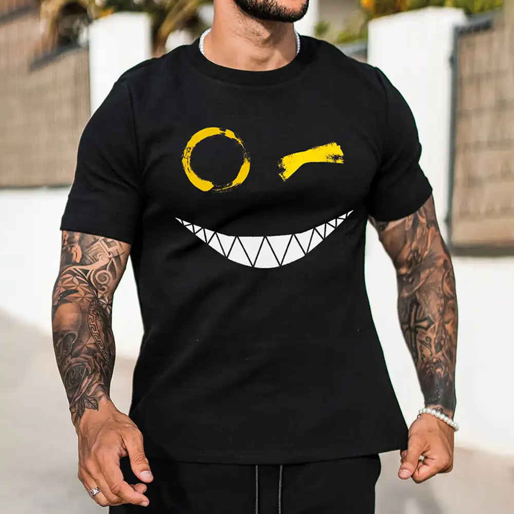 Men's Fashion Smiley Print Short Sleeve T-Shirt Casual Crew Neck Top