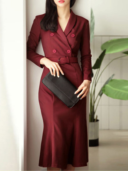 Long-sleeved V-neck Bag Hip Bodycon Dress