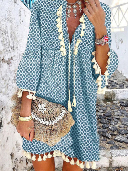 Printed Ruffled V-neck Dress