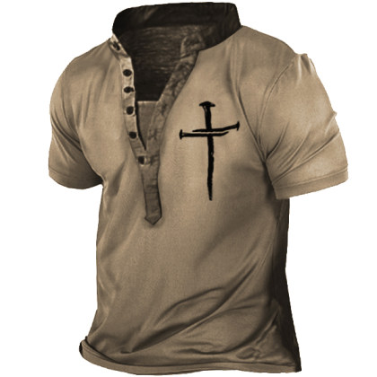 Men's Outdoor Vintage Cross Print Tactical Heney Short Sleeve T-Shirt