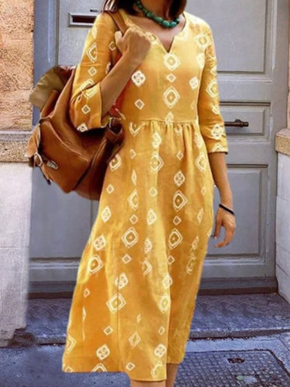 V-neck Casual Loose Geometric Print Resort Short Sleeve Midi Dress