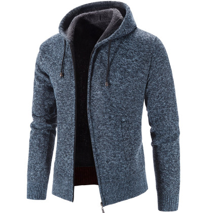 Men's Casual Fleece Thickened Hooded Knit Cardigan Jacket